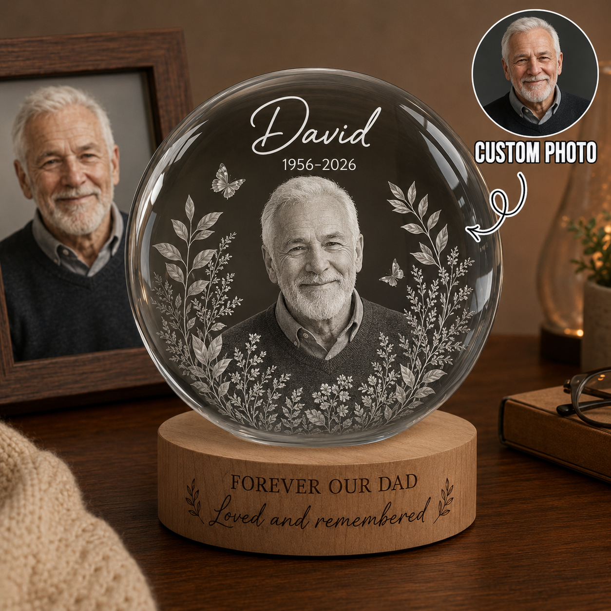 Custom Photo Father Night Light, Personalized Memorial Crystal Ball Lamp For Dad THUC99