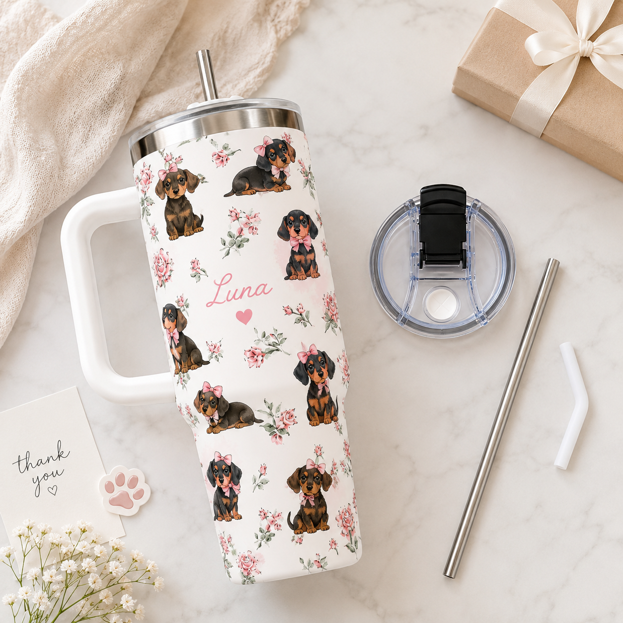 Personalized Pet Portrait 40oz Tumbler – Custom Dog Photo Travel Mug with Handle and Lid THUC99