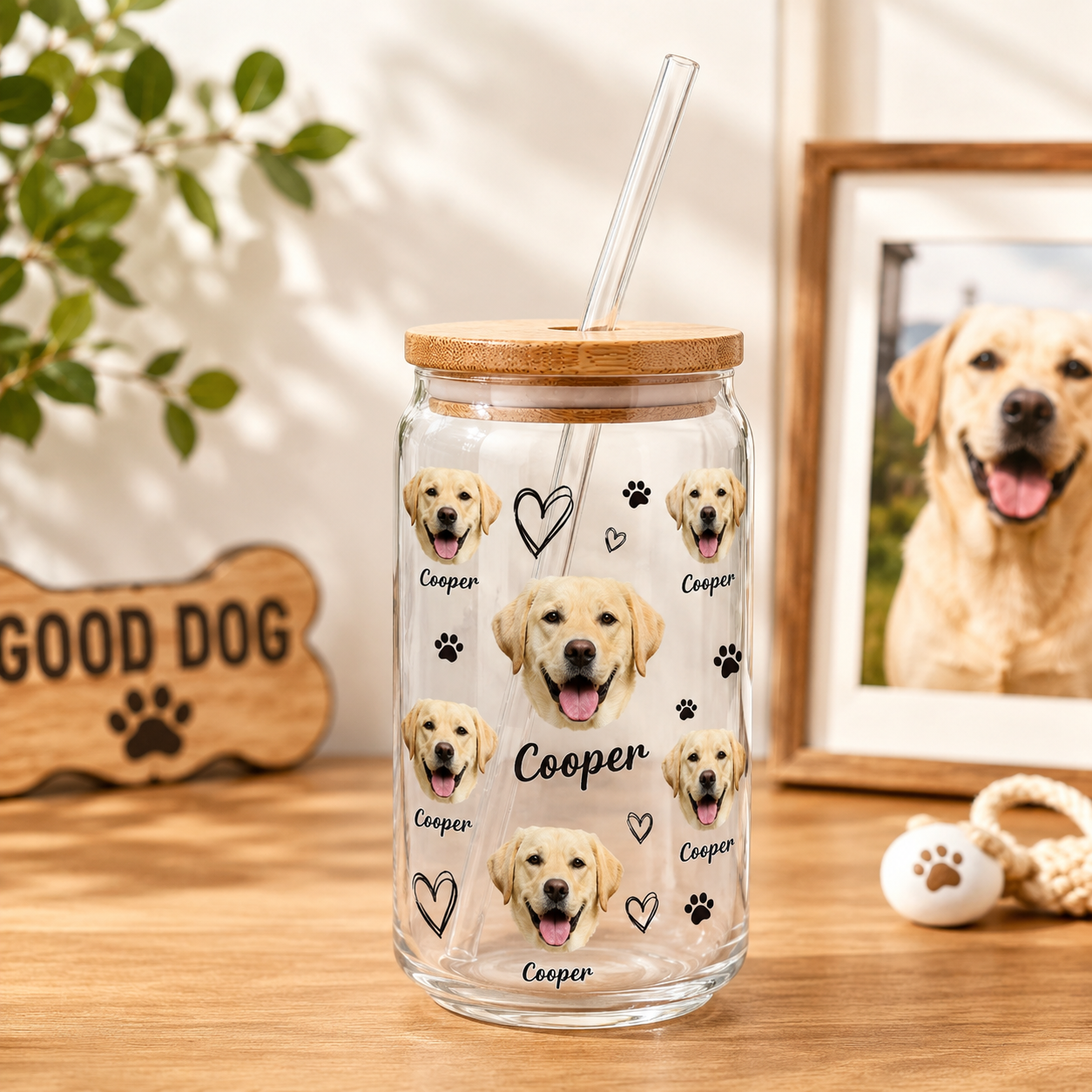 Custom Dog Photo Iced Coffee Glass – 16oz Personalized Cup with Bamboo Lid THUC99 (Copy)