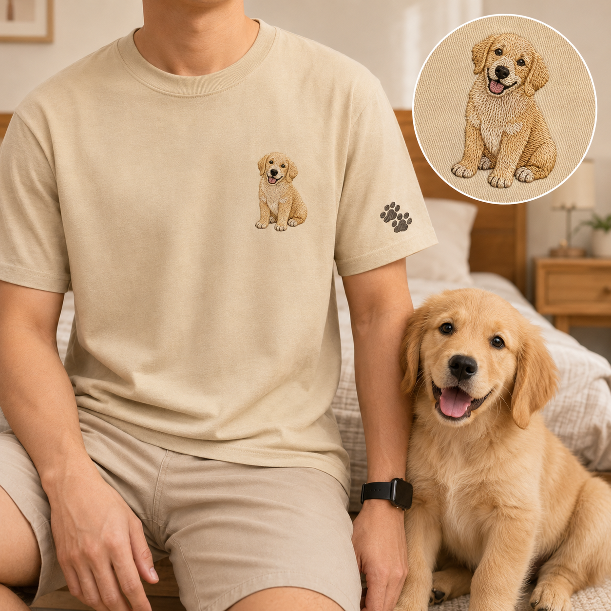 Custom Dog Mom Embroidered T-Shirt, Personalized Pet Portrait Tee, Dog Photo Shirt THUC99