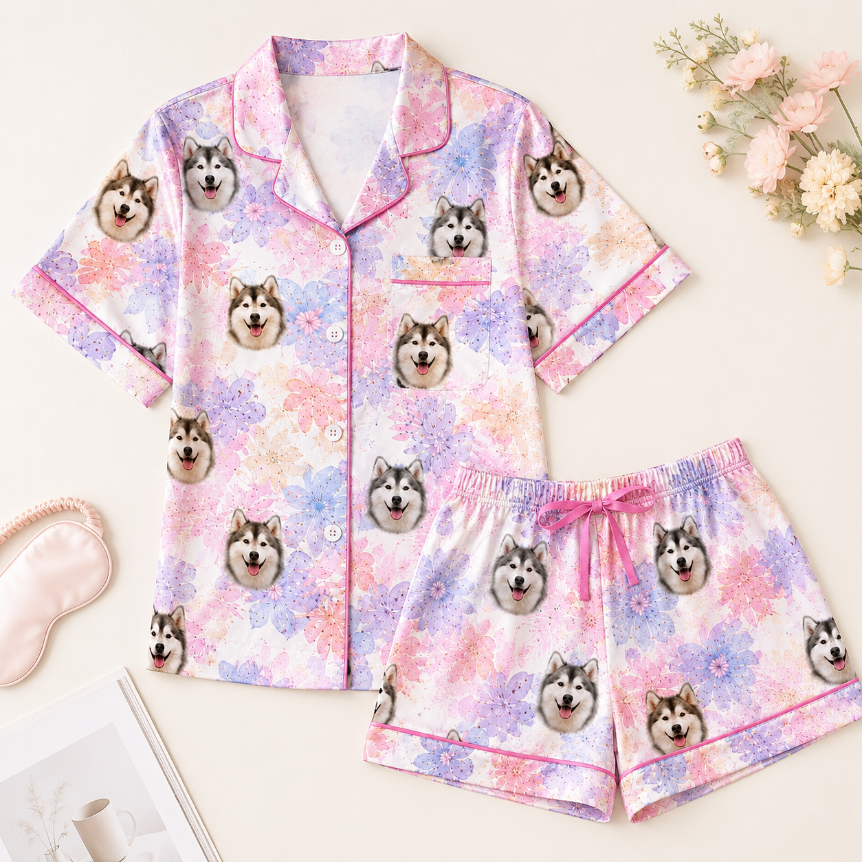 Personalized Pet Face Satin Pajamas Set Custom Dog Photo Gift for Her THUC99