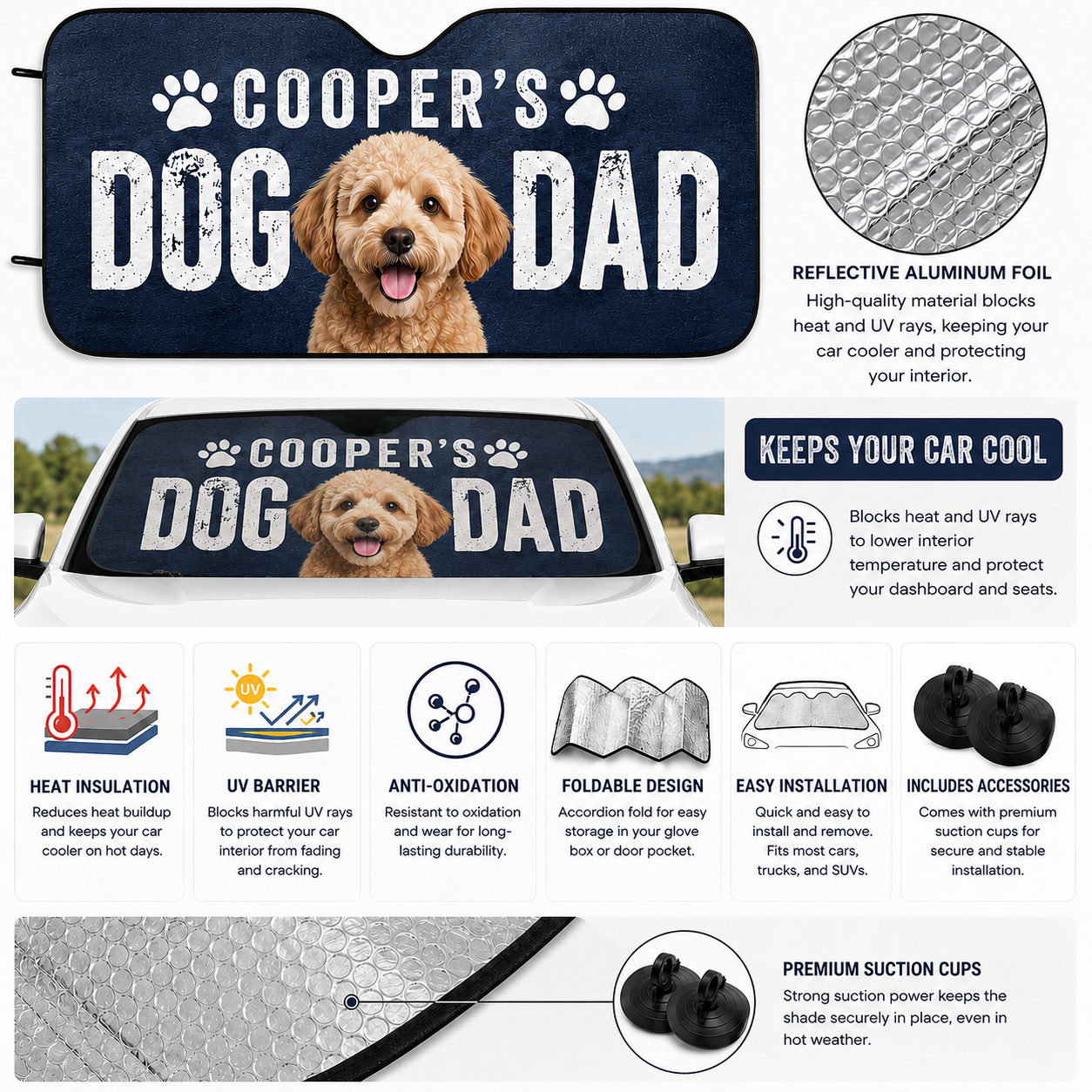 Custom Dog Car Sun Shade, Personalized Pet Photo Dog Mom Gift for Car THUC99
