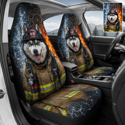 Custom Photo Dog Car Firefighter Seat Cover, Fireman Car Interior Gift For Dog Lovers THUC99