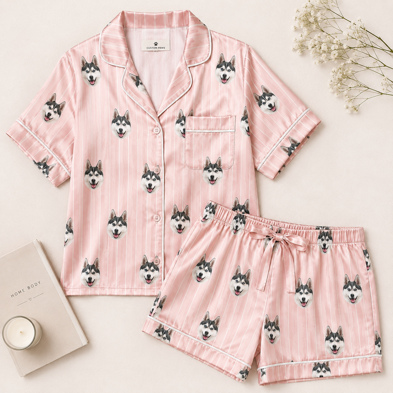 Custom Puppy Face Satin Pajama Set Personalized Pet Photo Gift for Dog Owners THUC99