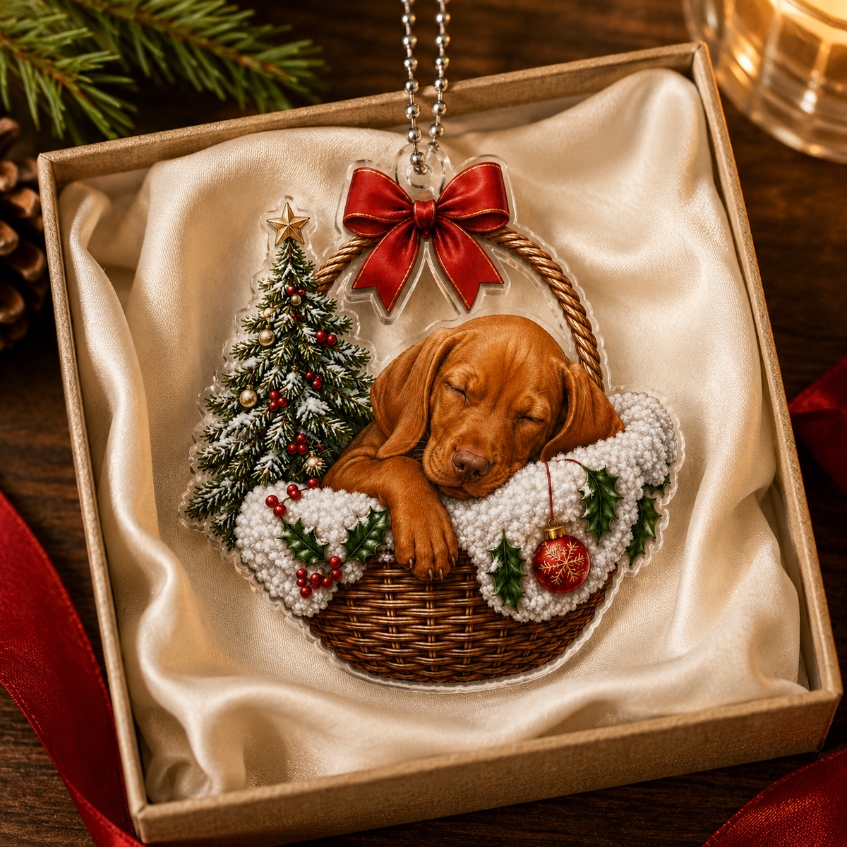 Dog Chrismast With Wicker Basket Vizsla