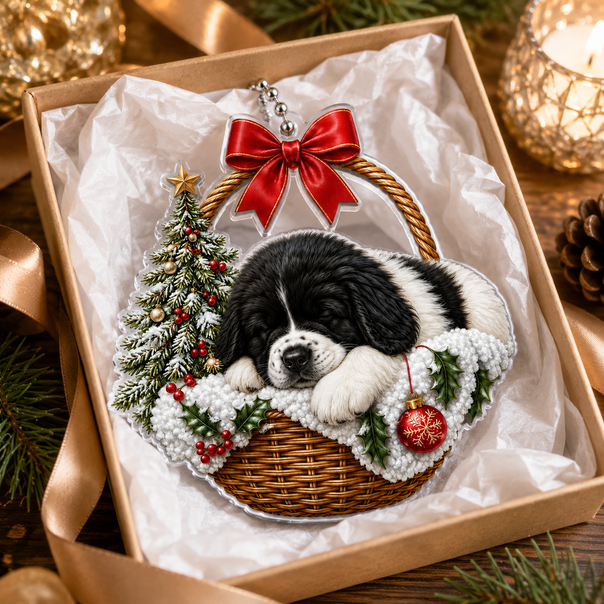 Dog Chrismast With Wicker Basket Newfoundland