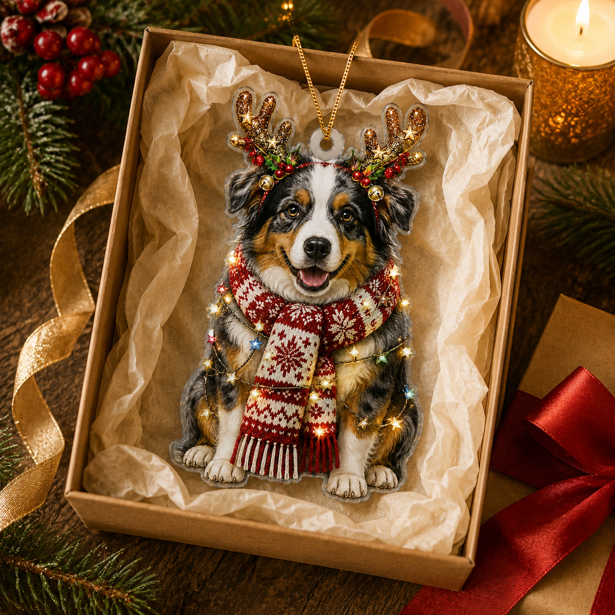 Dog Decor with Antlers & Scarf Australian Shepherd