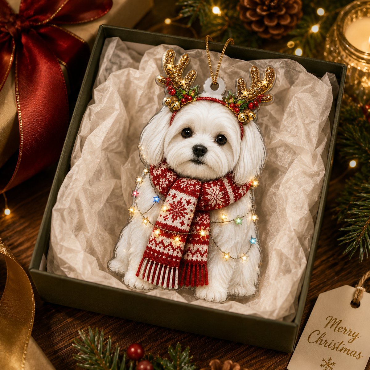Dog Decor with Antlers & Scarf Maltese