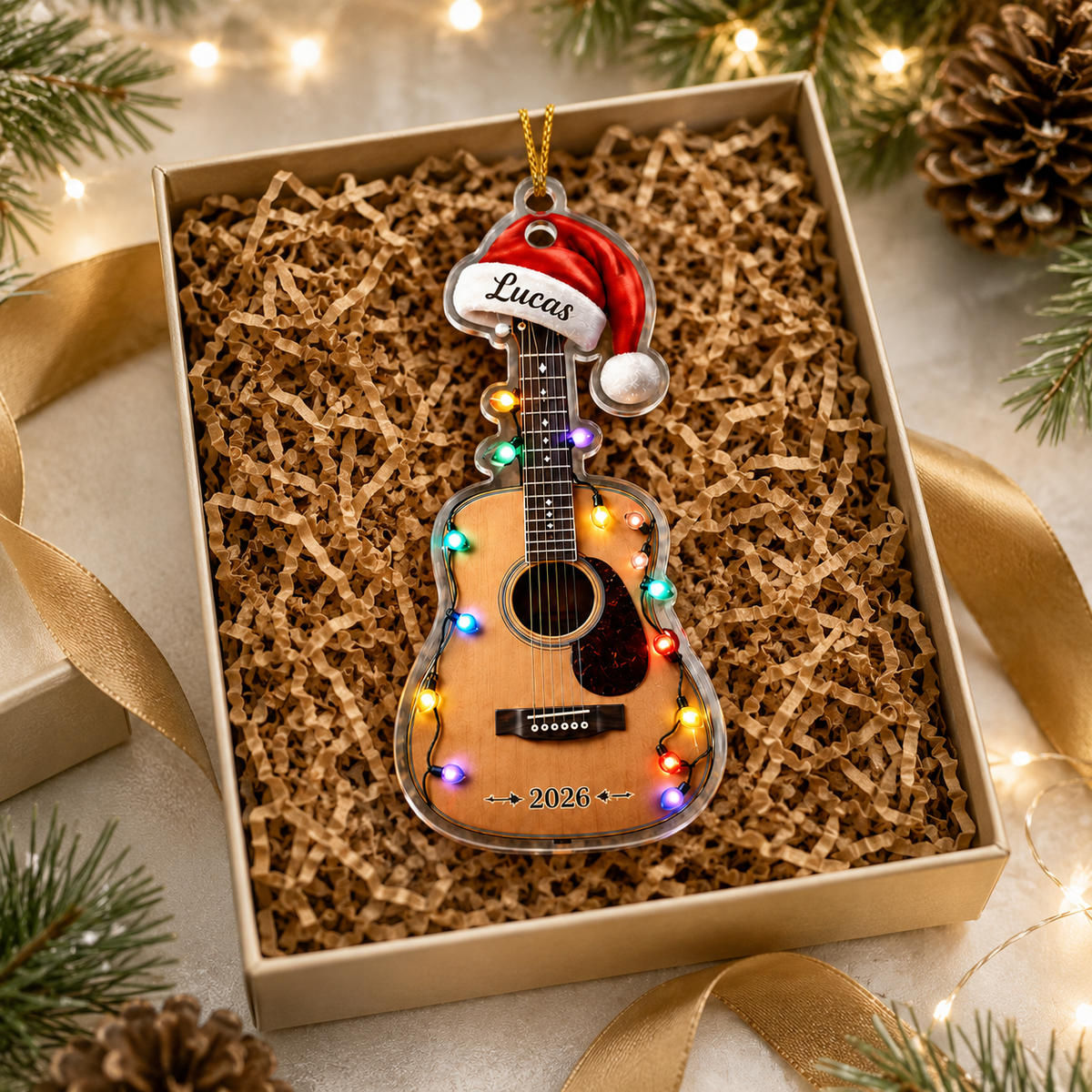 Guitar Custom Name Acrylic - Acoustic Guitar Santa Hat and Lights