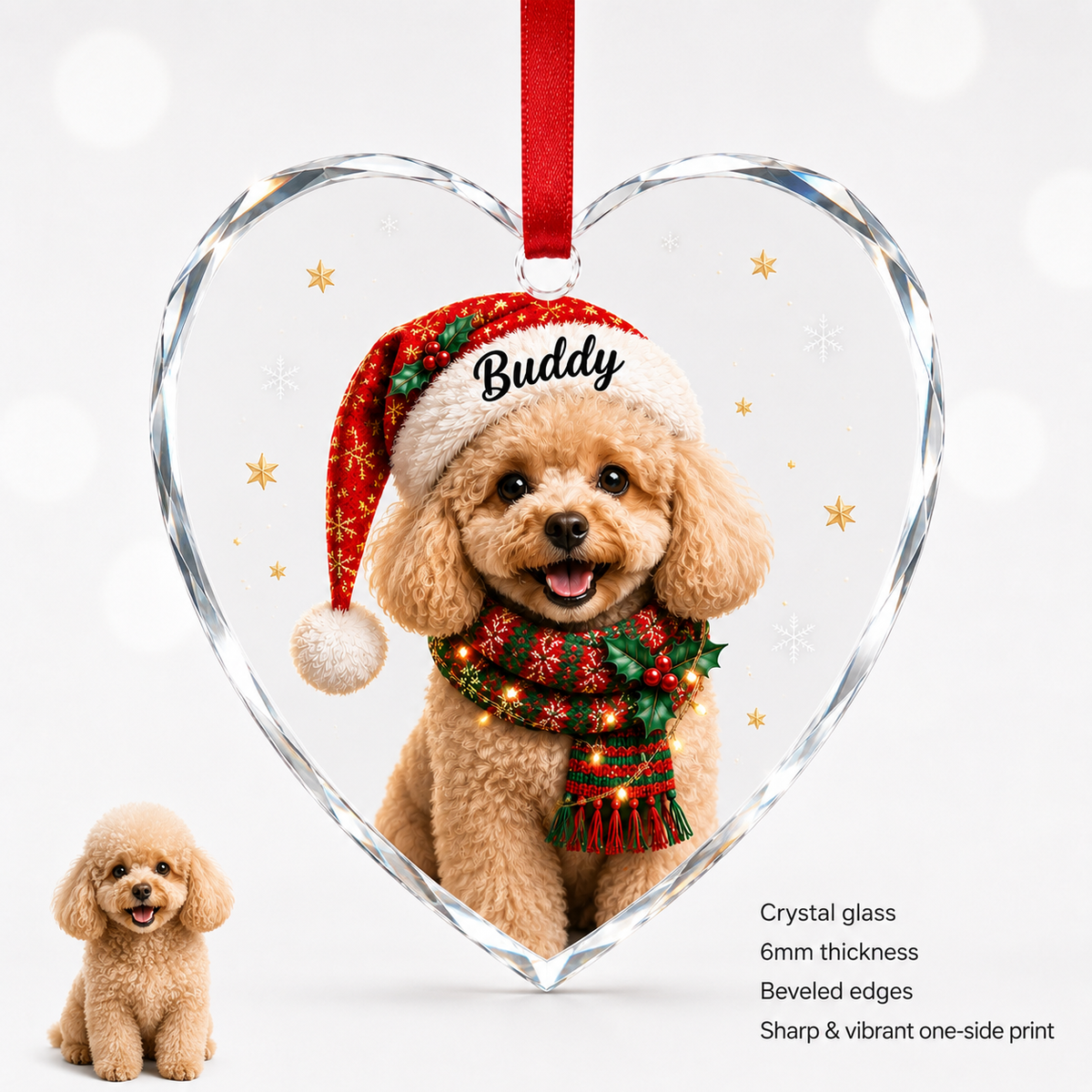 Custom Photo Dog Glass Potrait Dog With Santa Hat
