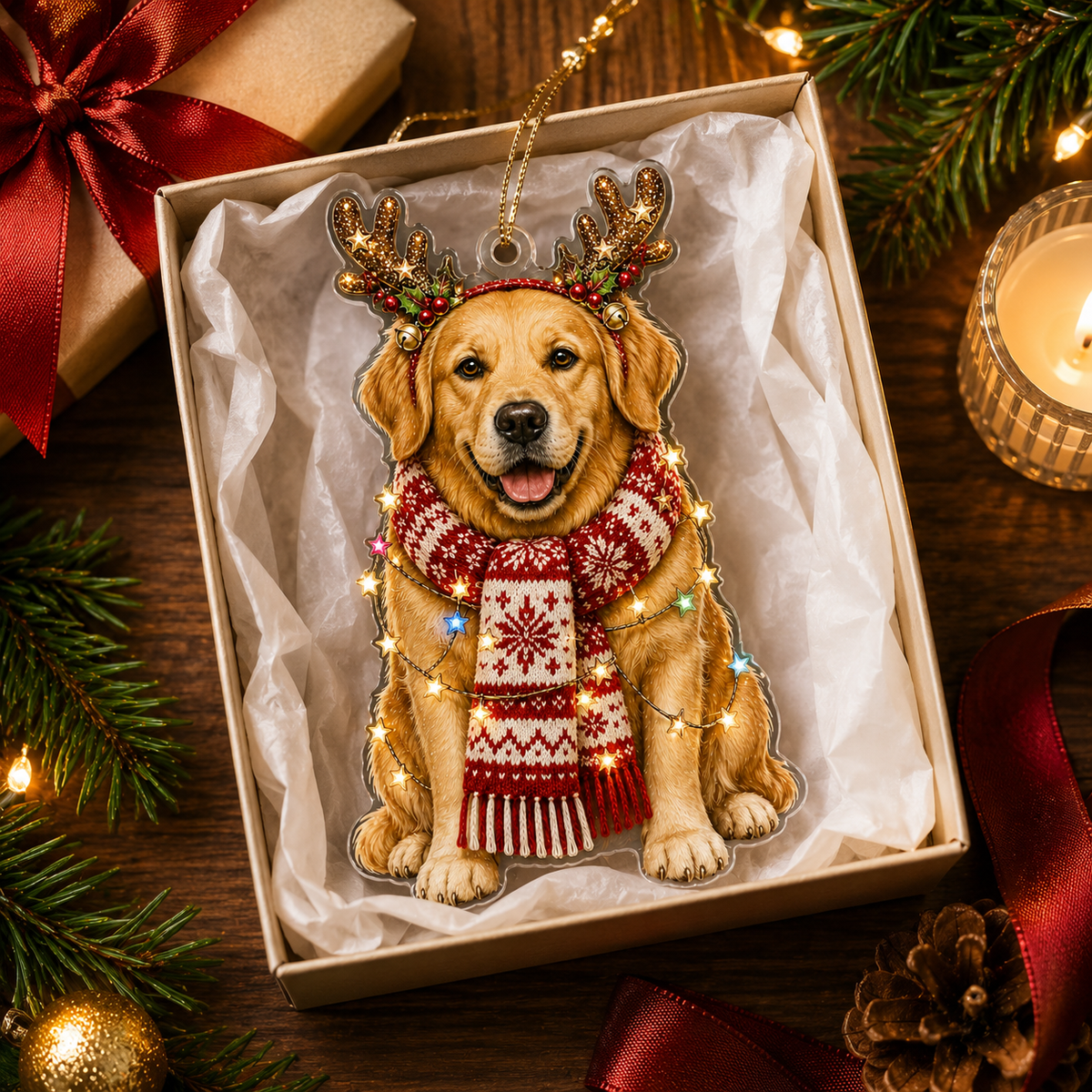 Dog Decor with Antlers & Scarf Golden Retriever