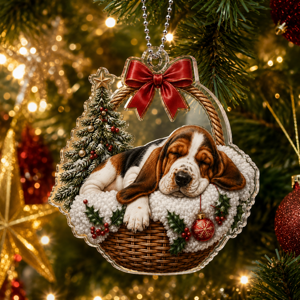 Dog Chrismast With Wicker Basket Basset Hound