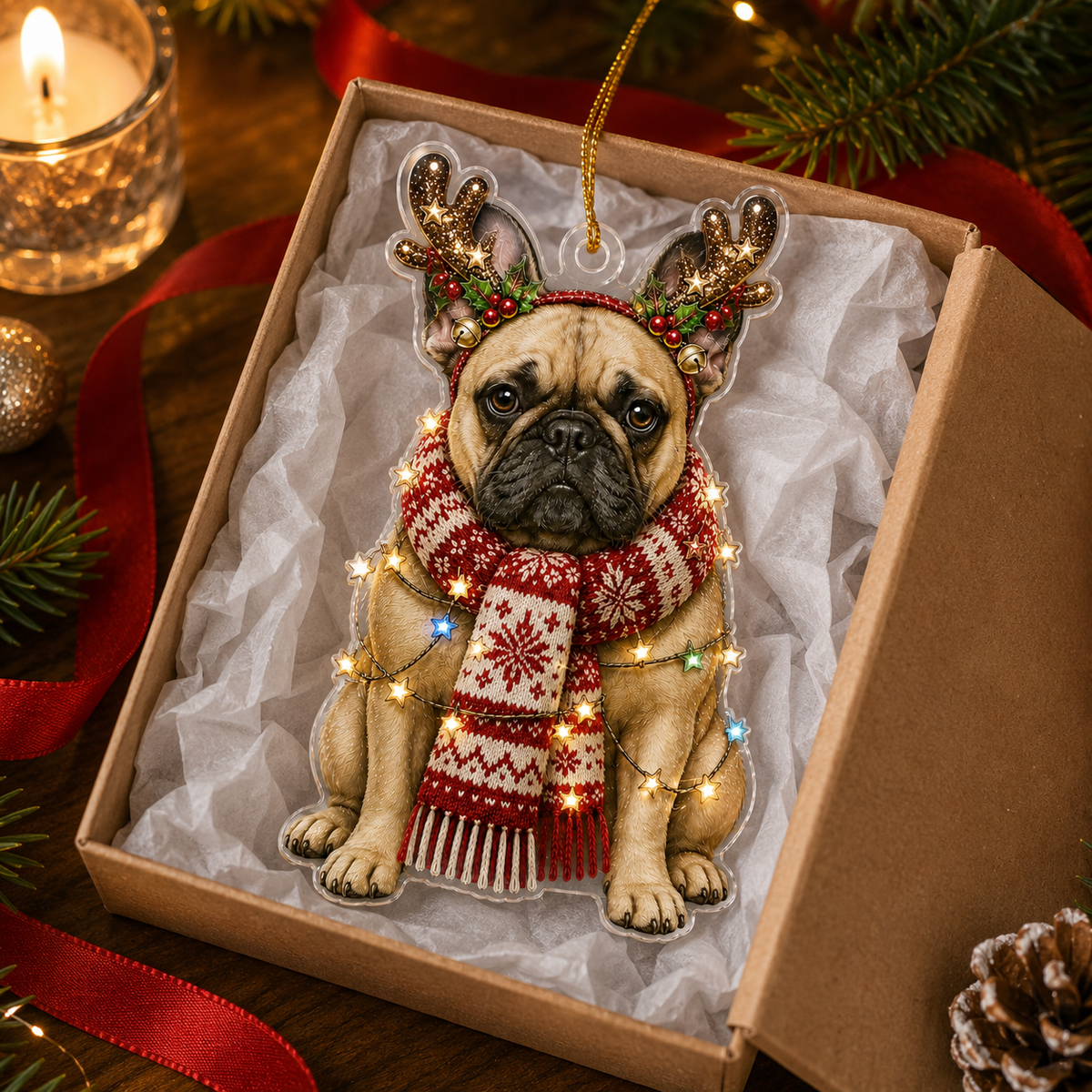 Dog Decor with Antlers & Scarf French Bulldog