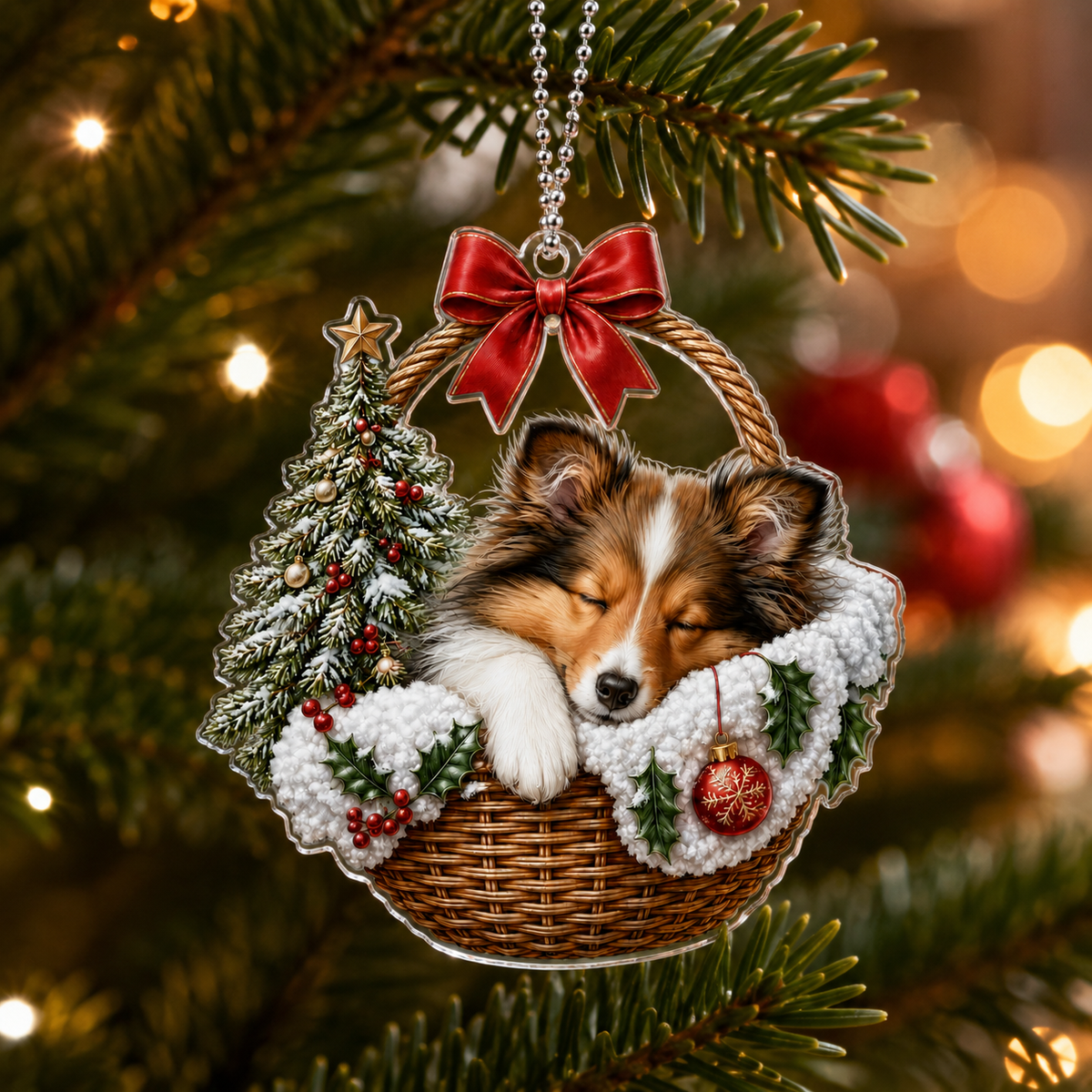Dog Chrismast With Wicker Basket Sheepdog