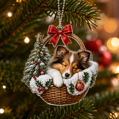 Dog Chrismast With Wicker Basket Sheepdog