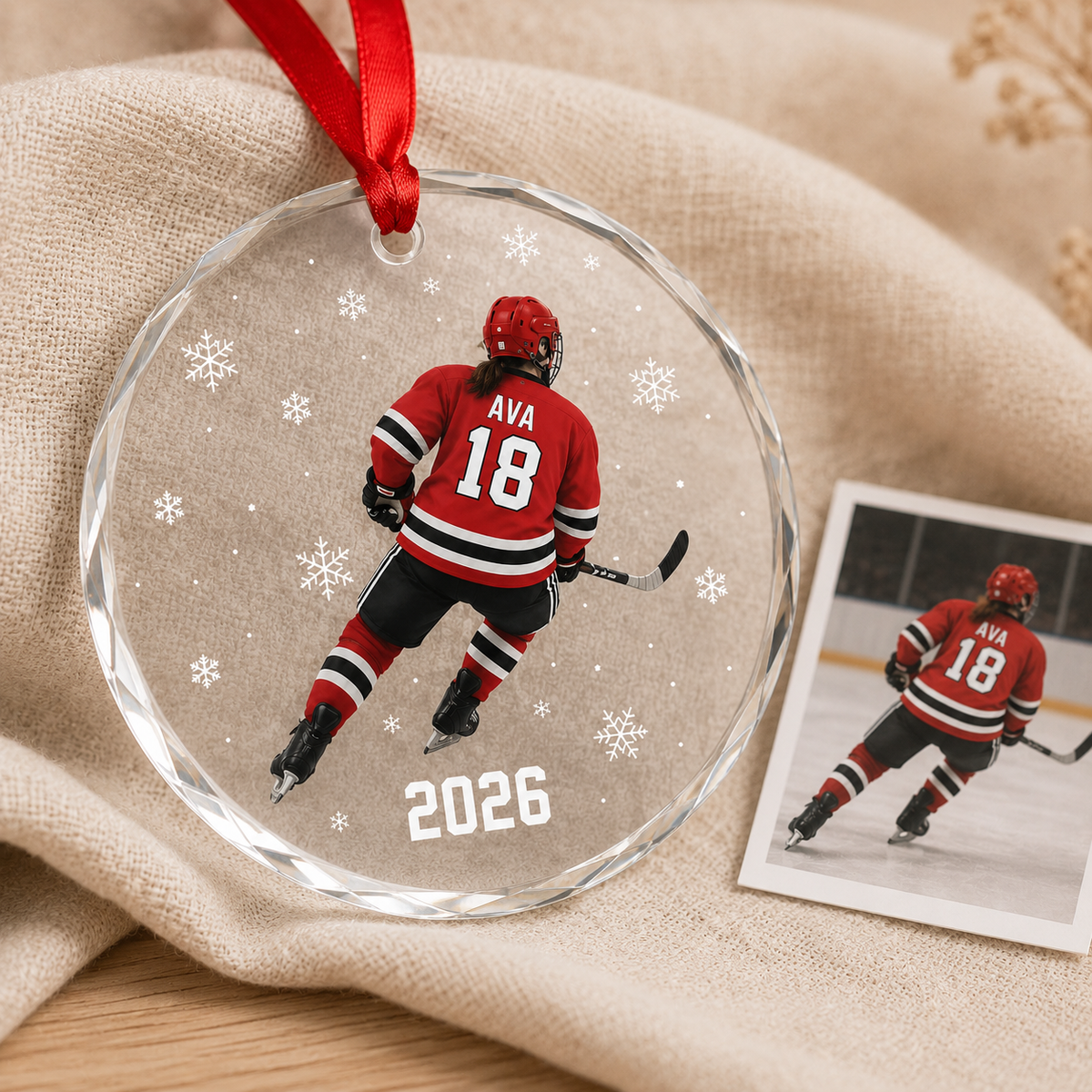 Custom Photo Sport Glass Ornament Hockey Red Jersey