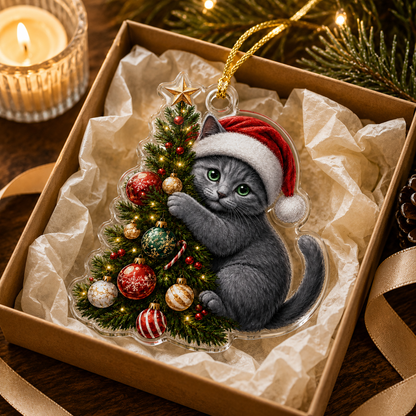 Cat With Christmas Tree Russian Blue
