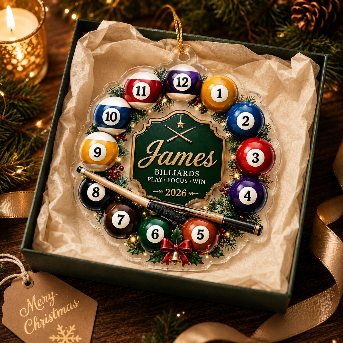 Custom Name Billiards Christmas Wreath Acrylic