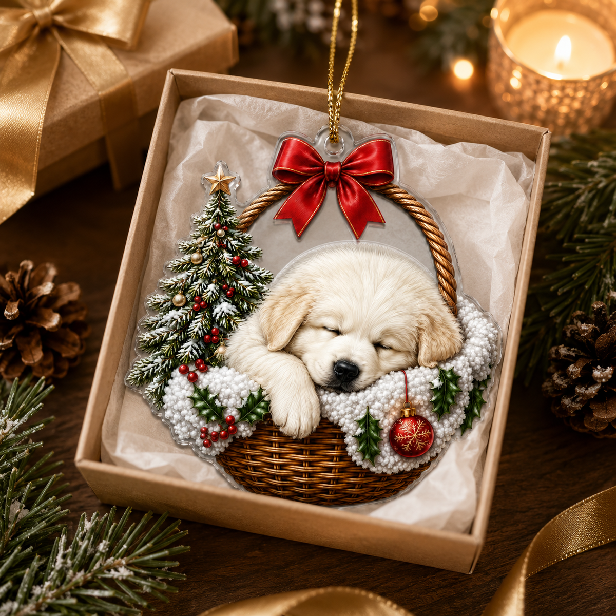 Dog Chrismast With Wicker Basket Golden Retriever
