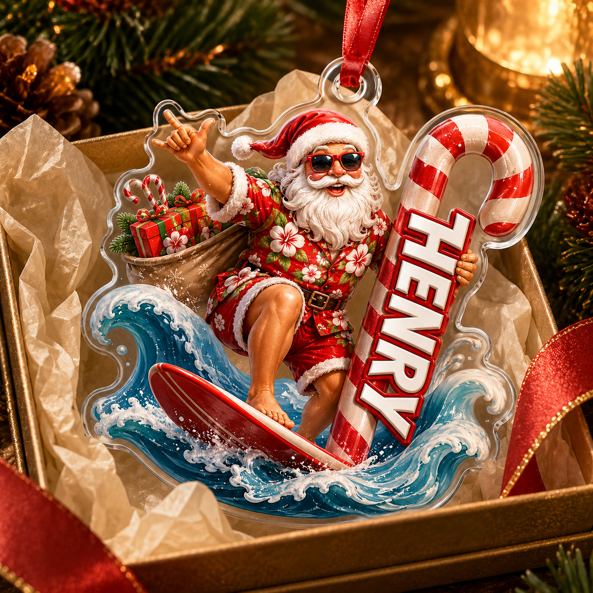 Surfing Personalize Acrylic Santa Surfing