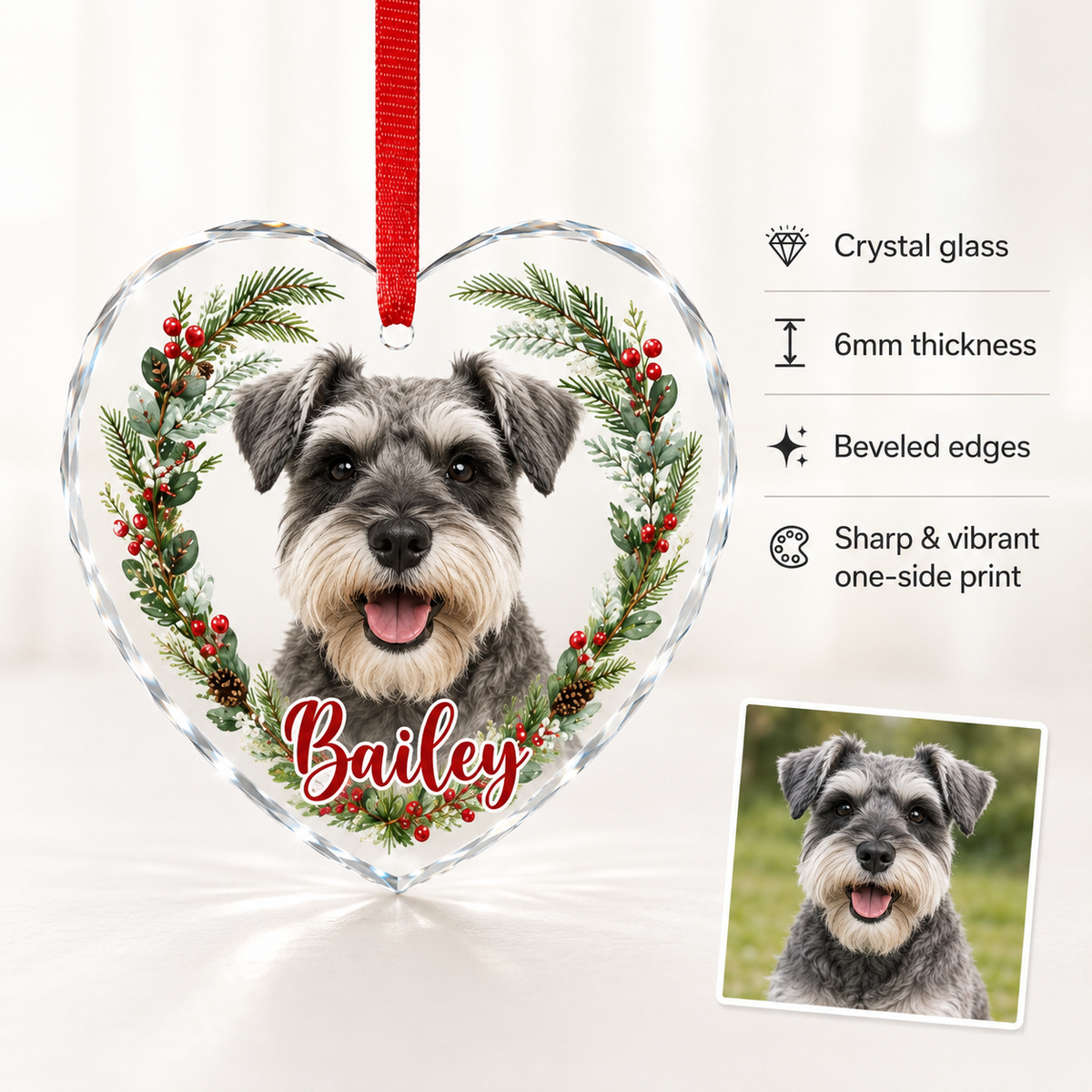 Custom Photo Dog Glass Dog With Christmas Wreath