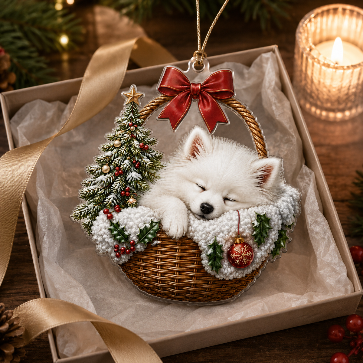 Dog Chrismast With Wicker Basket Japanese spiz