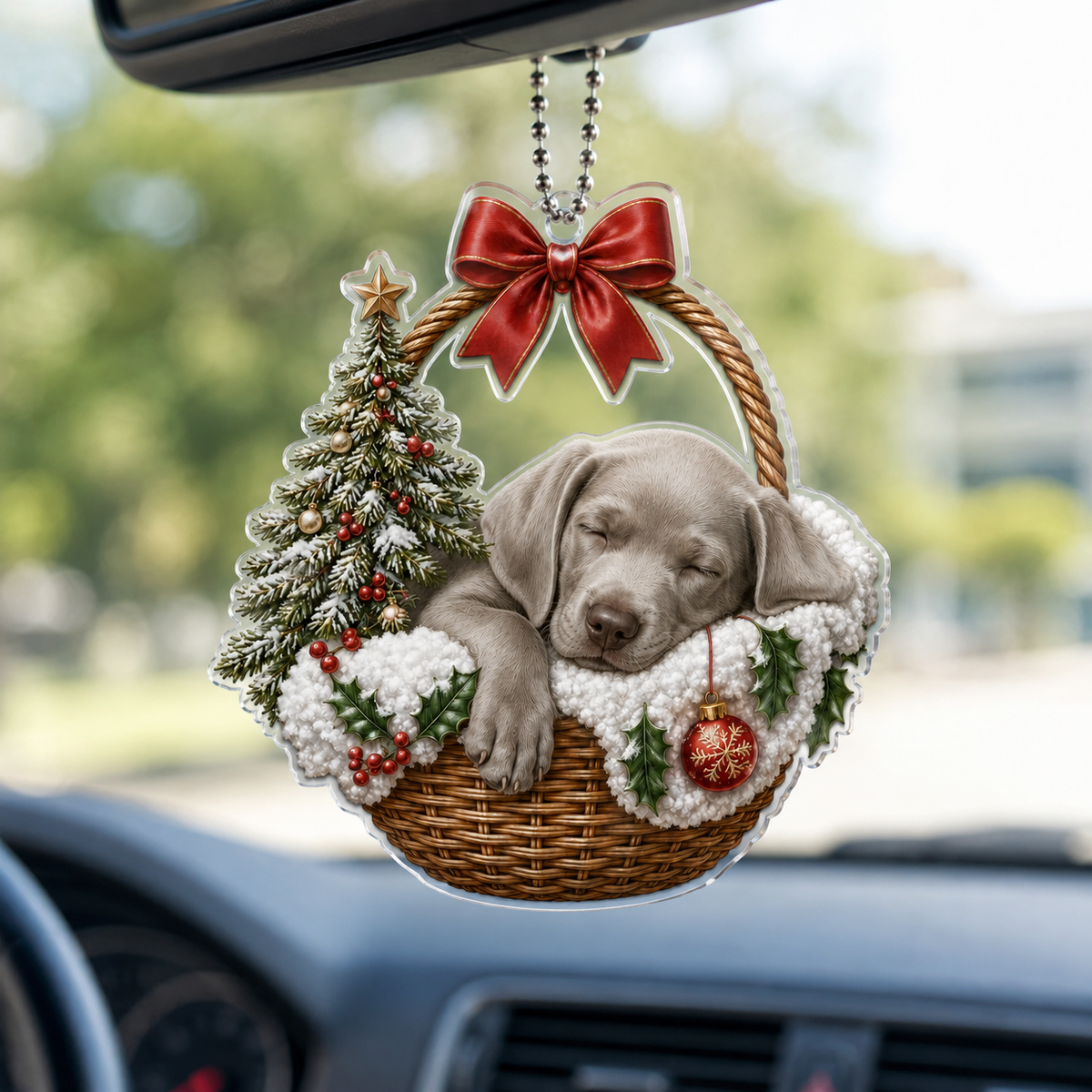 Dog Chrismast With Wicker Basket Weimaraner