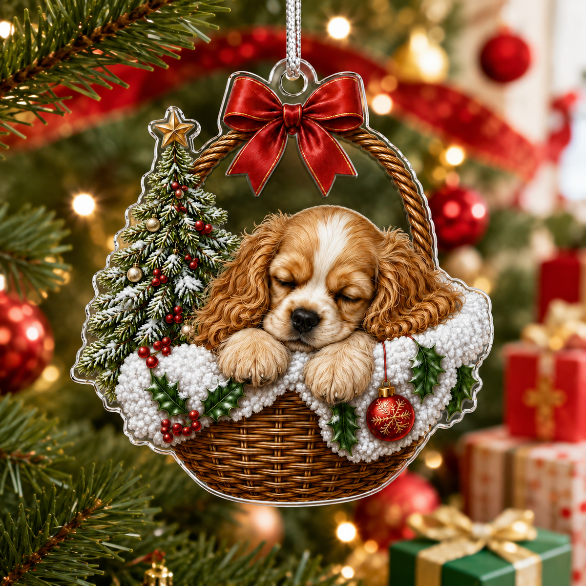 Dog Chrismast With Wicker Basket  Spaniel