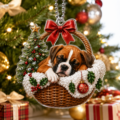 Dog Chrismast With Wicker Basket Boxer