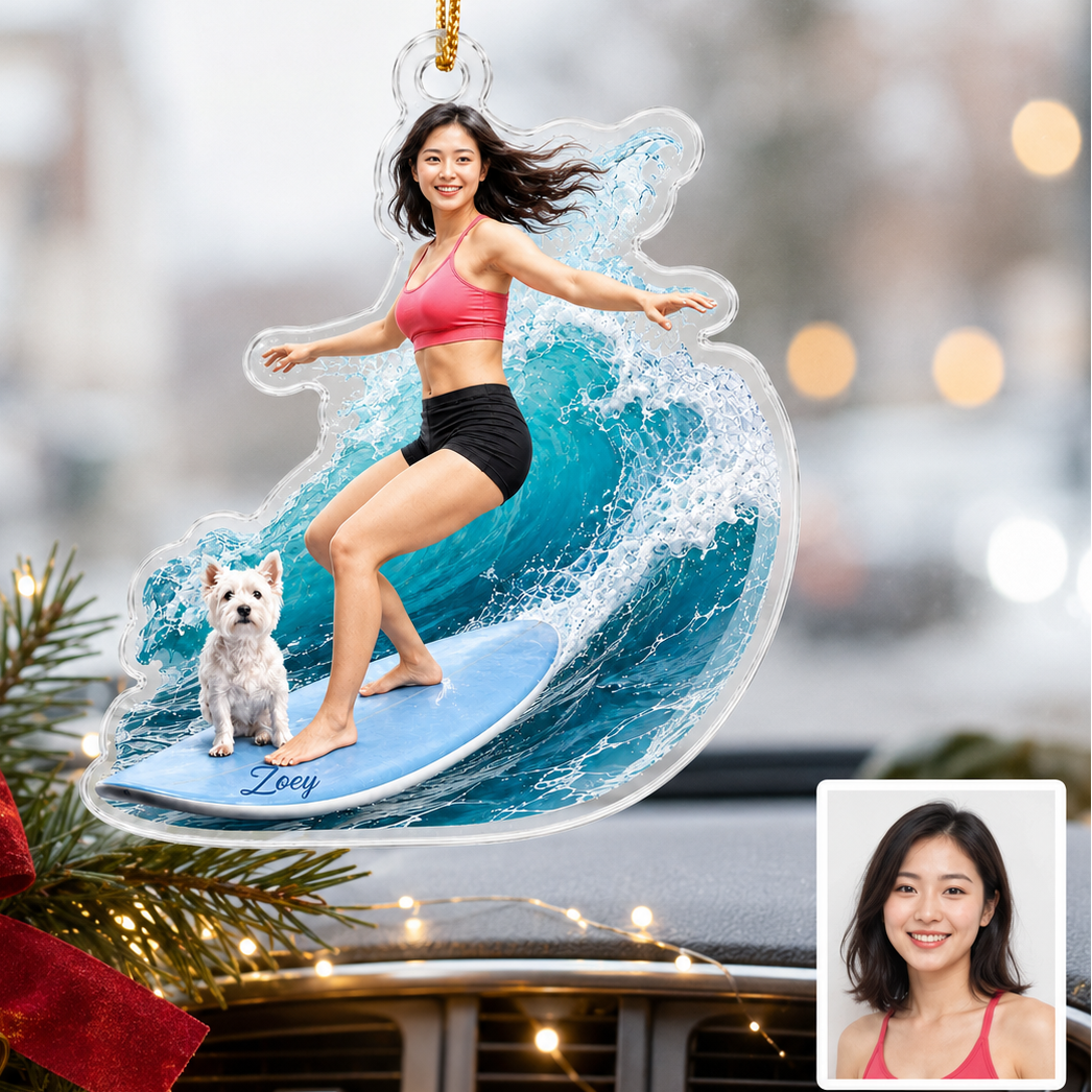 Surfing Personalize Acrylic Girl And Dog