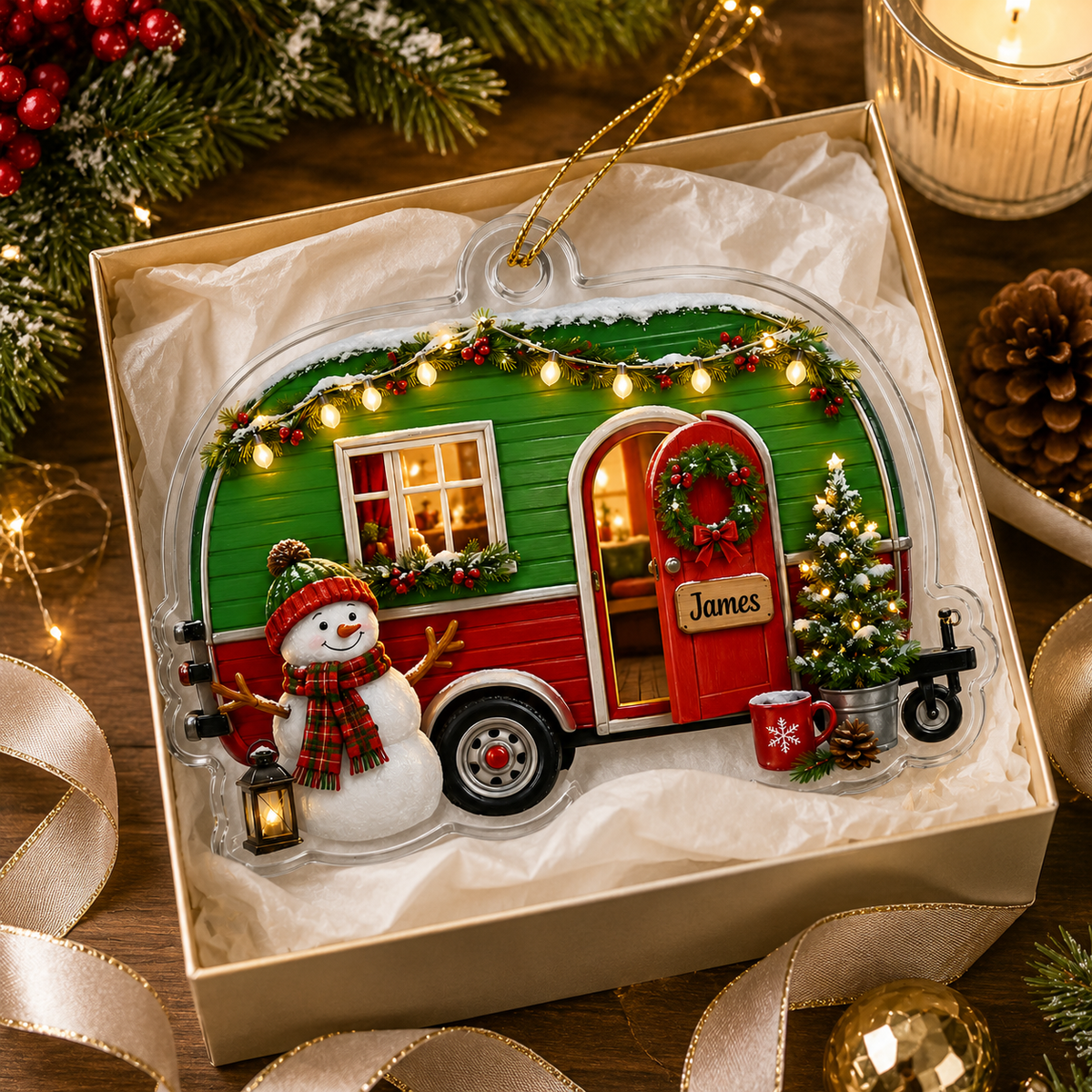 Camping Personalize Acrylic Snowman Mobile Home