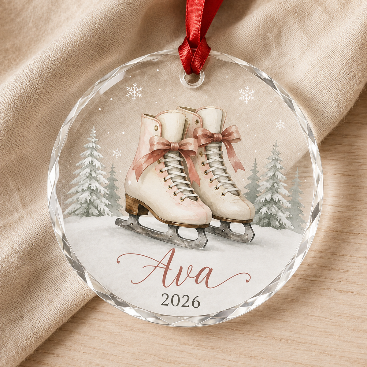 Custom Photo Sport Glass Ornament Ice Skating Pink Skates