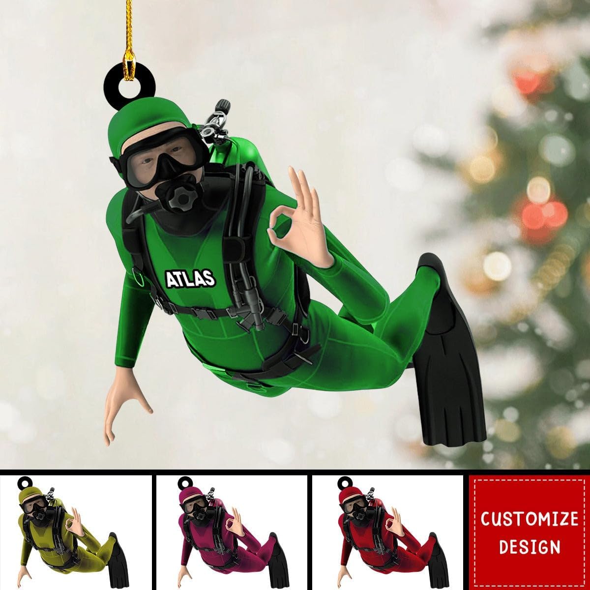 Personalized Diver Ornament – Custom Name Acrylic 2D Flat Scuba Diving Christmas Decoration, Sport Gift TSD9