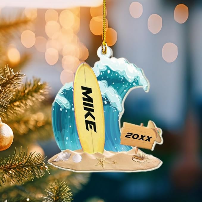 Personalized Surfboard Christmas Ornament - Surfing Tree Decoration Gift for Surfers, Beach Lovers & Vacation Travelers LL4