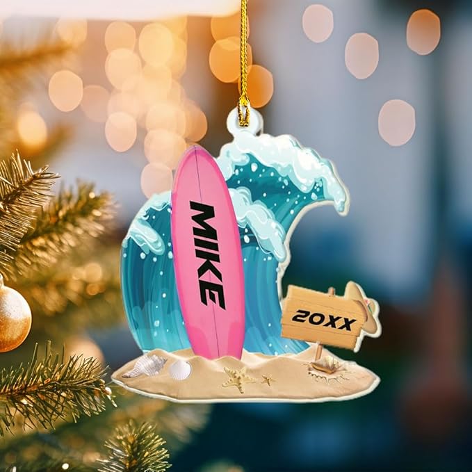 Personalized Surfboard Christmas Ornament - Surfing Tree Decoration Gift for Surfers, Beach Lovers & Vacation Travelers LL4