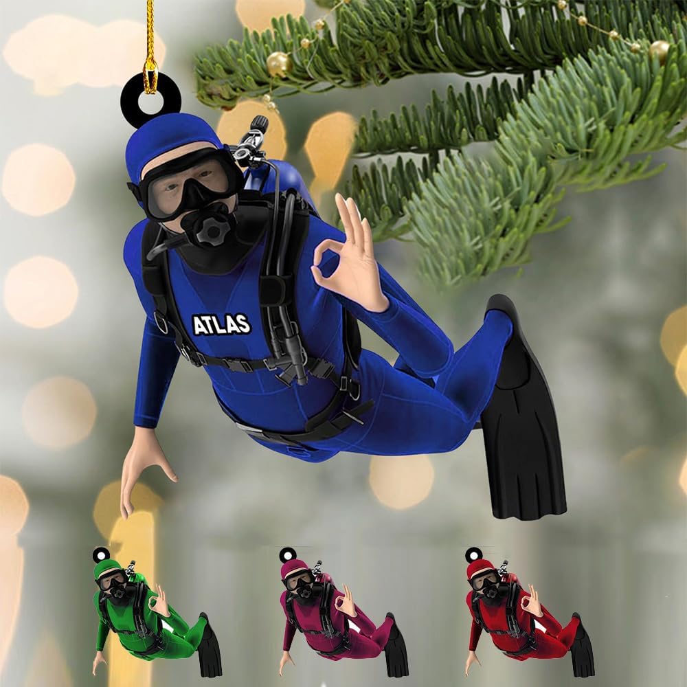 Personalized Diver Ornament – Custom Name Acrylic 2D Flat Scuba Diving Christmas Decoration, Sport Gift TSD9