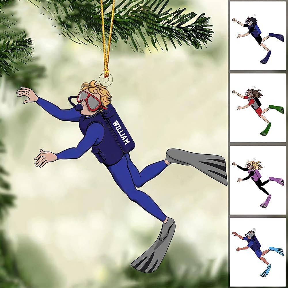 Personalized Diver Christmas Ornament – Custom Name Scuba Diving 2D Flat Acrylic Ornament, Gift for Divers and Ocean Lovers, Sport Holiday Decoration TSD2