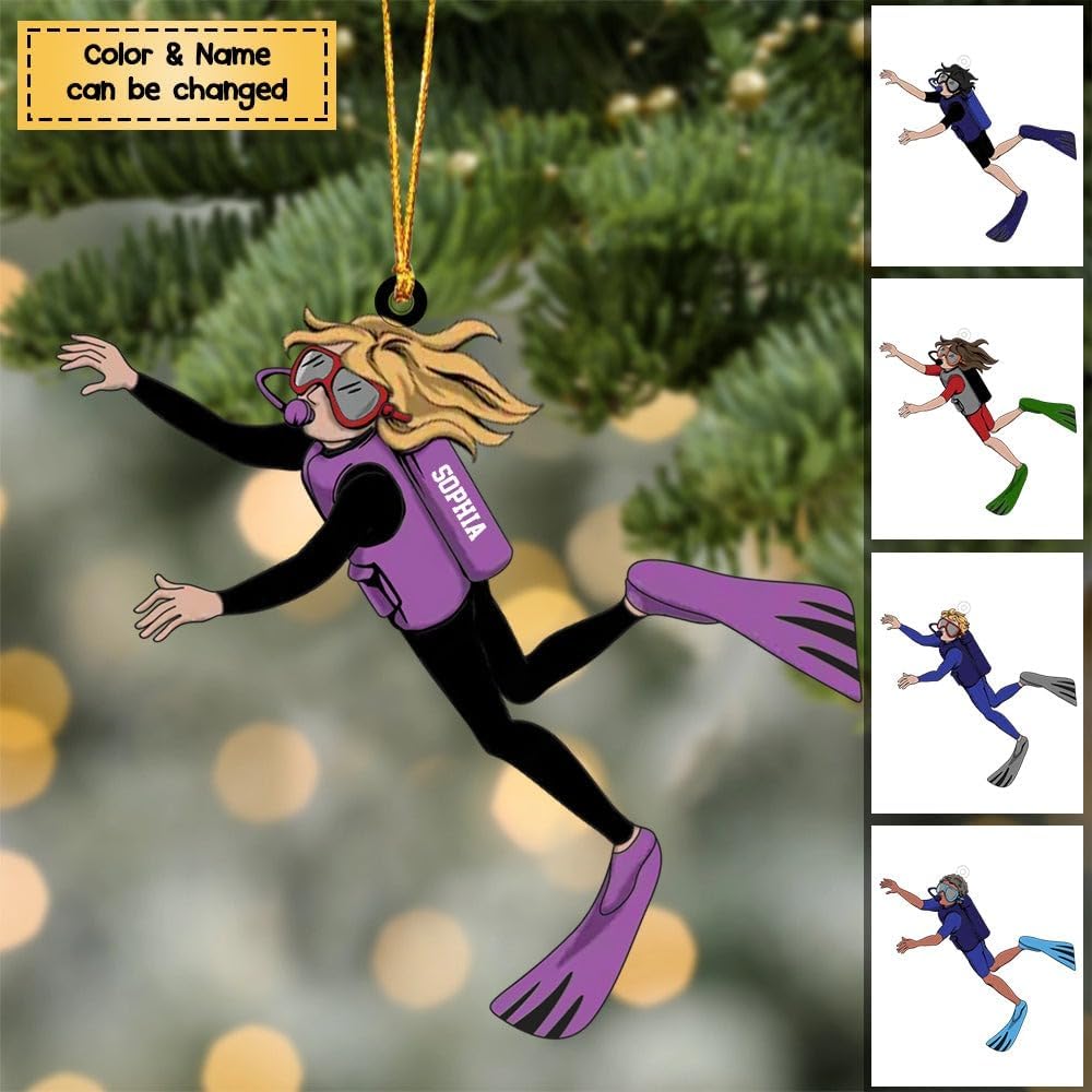 Personalized Diver Christmas Ornament – Custom Name Scuba Diving 2D Flat Acrylic Ornament, Gift for Divers and Ocean Lovers, Sport Holiday Decoration TSD1