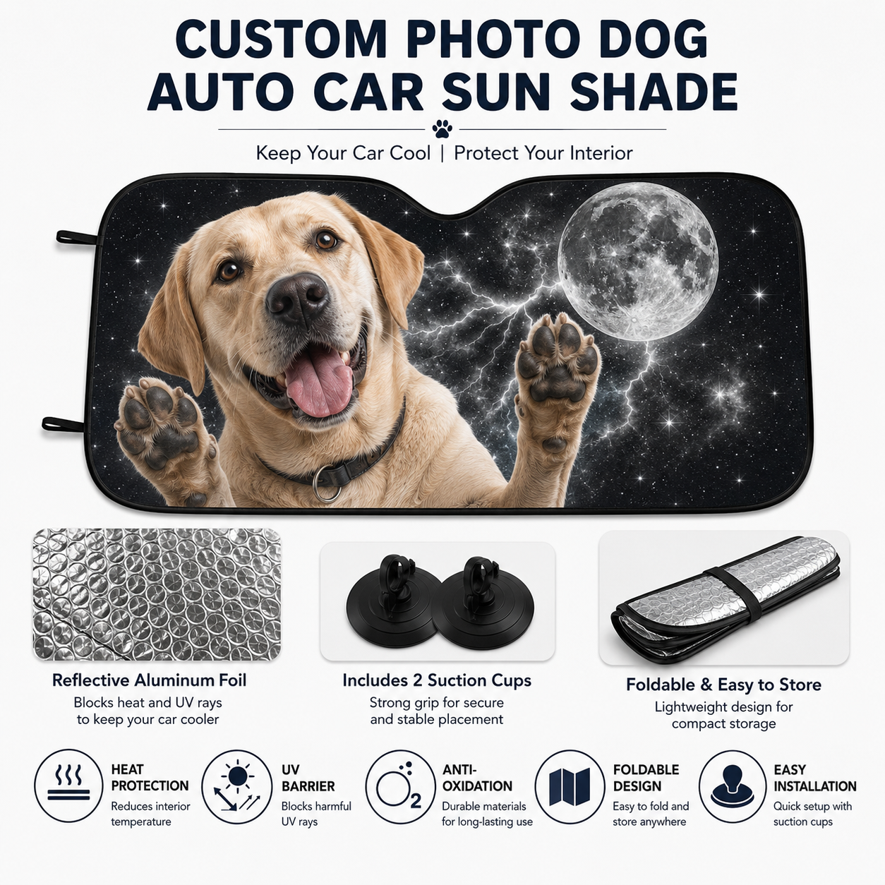Custom Pet Photo Car Sun Shade, Personalized Dog Windshield Cover, Foldable Auto Window Sunshade THUC99