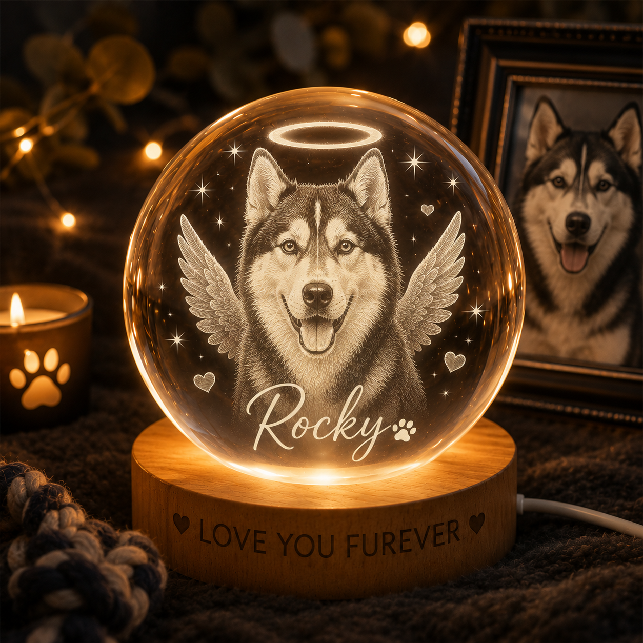 Custom Dog Crystal Ball Night Light, Personalized Pet Photo Crystal Lamp, Memorial Dog Gift THUC99