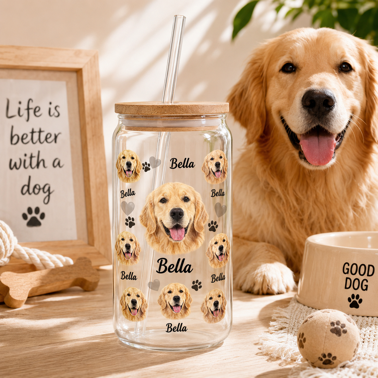 Custom Dog Photo Iced Coffee Glass – 16oz Personalized Cup with Bamboo Lid THUC99 (Copy)