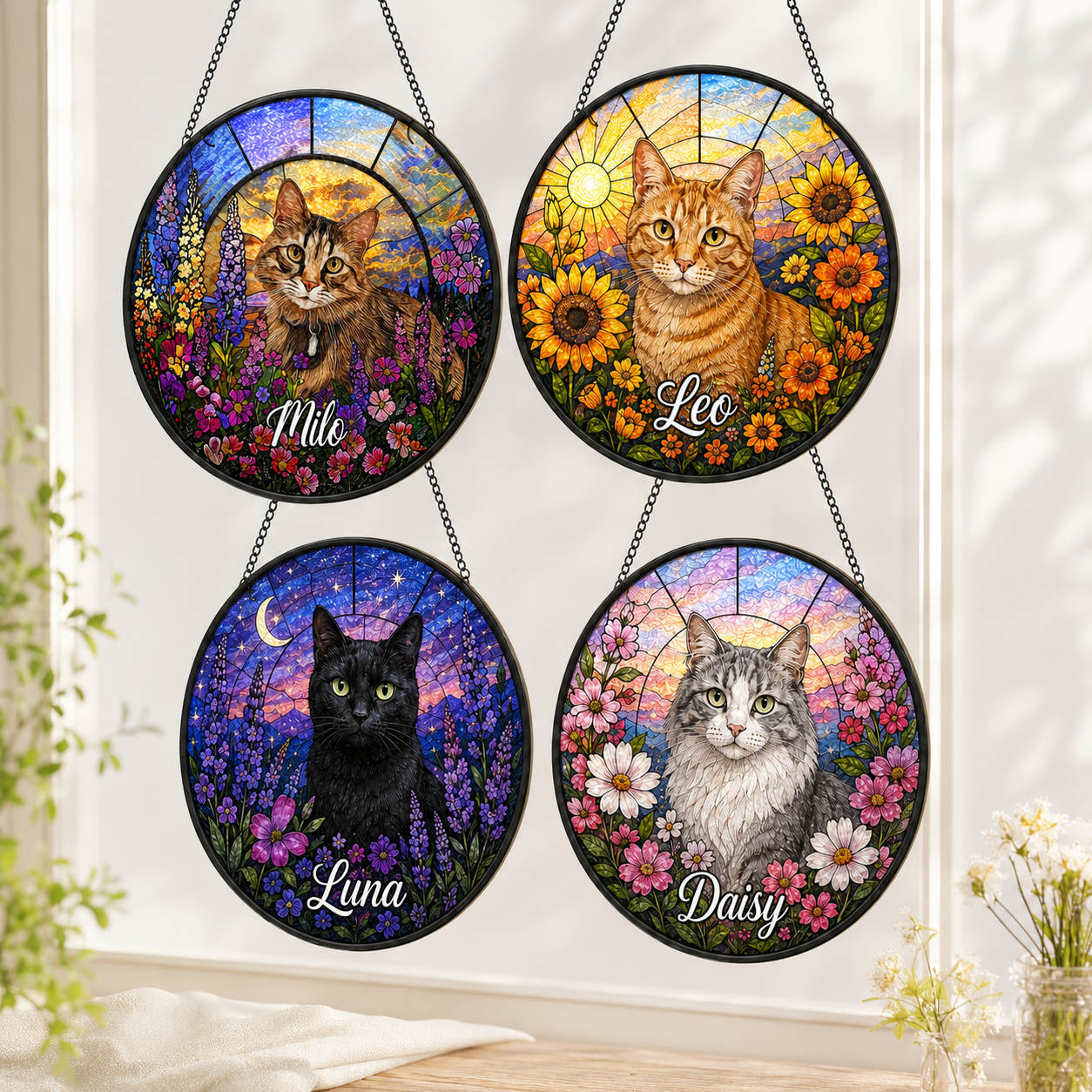 Custom Photo Cat Lover Stained Glass Suncatcher – Personalized Cat Sympathy Gift | Pet Memorial Decor THUC99