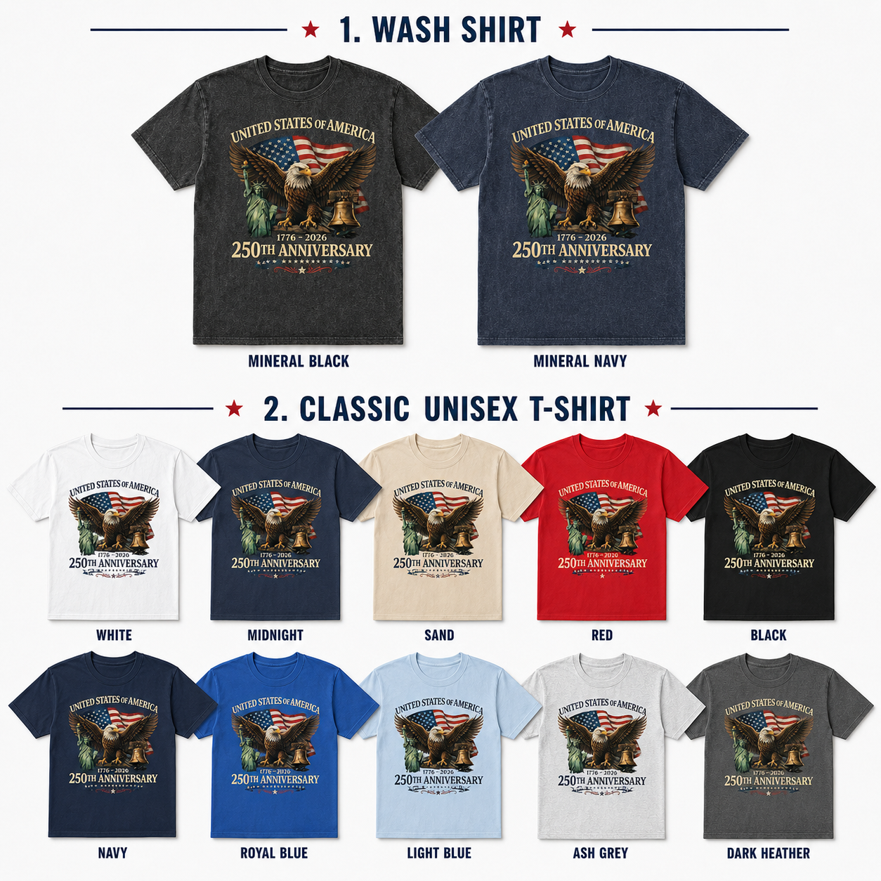 Patriotic USA Freedom Wash Shirt, America 250 Years Anniversary Tee THUC99