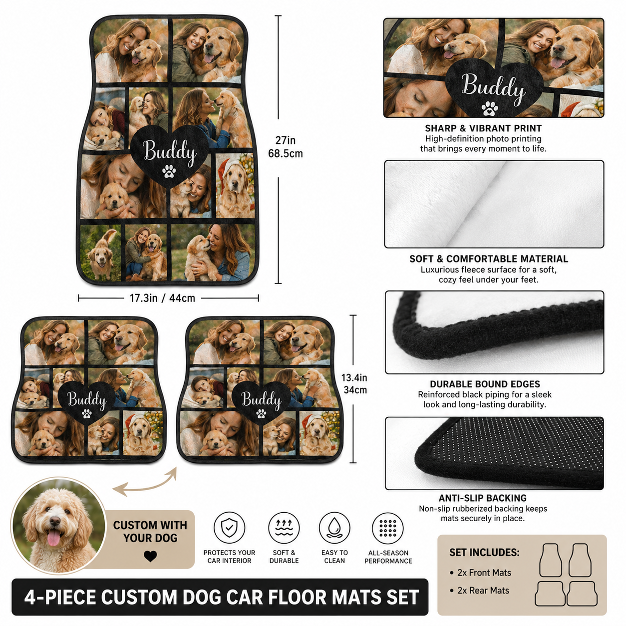 Custom Dog Photo Car Mats Set, Personalized Pet Floor Mats, Car Interior Gift THUC99