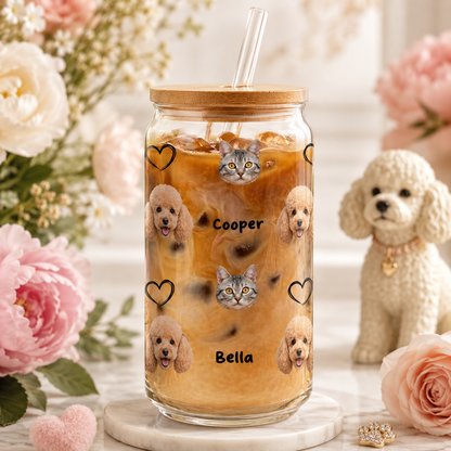Custom Photo Dog Sipper Glass 16oz – Personalized Glass Cup with Bamboo Lid & Straw Gift For Dog Lover THUC99