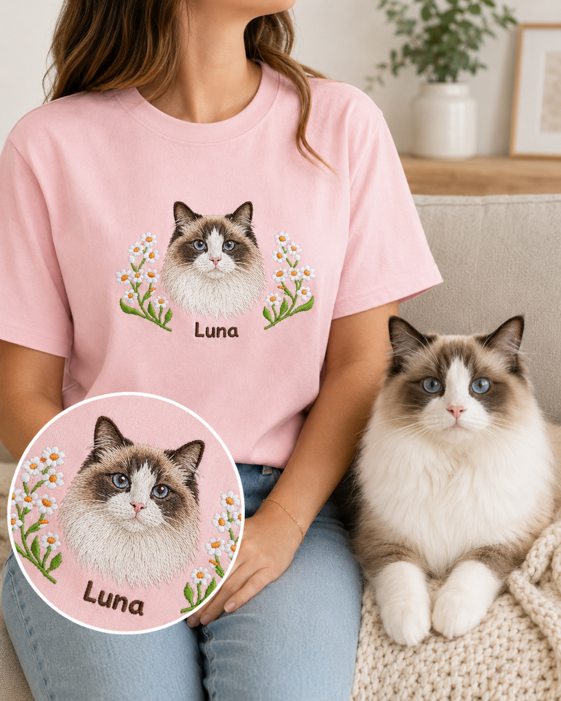Custom Dog Embroidered Unisex Shirt, Personalized Pet Photo Tee, Dog Mom Dad Gift THUC99