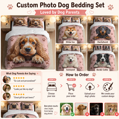 Personalized Dog Bedding Set, Custom Pet Photo Sheet Set With Pillowcases THUC99