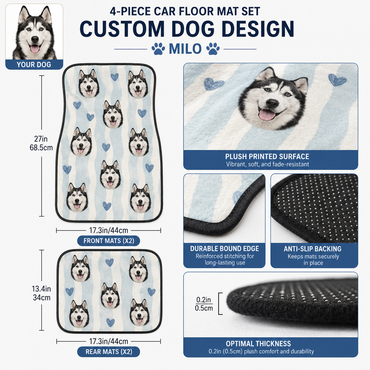Custom Dog Face Car Floor Mat Set, Personalized Pet Photo Floor Mats for Car Interior THUC99