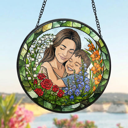 Personalized Mother & Child Stained Glass Suncatcher – Custom Portrait Floral Window Hanging, Mom Gift THUC99