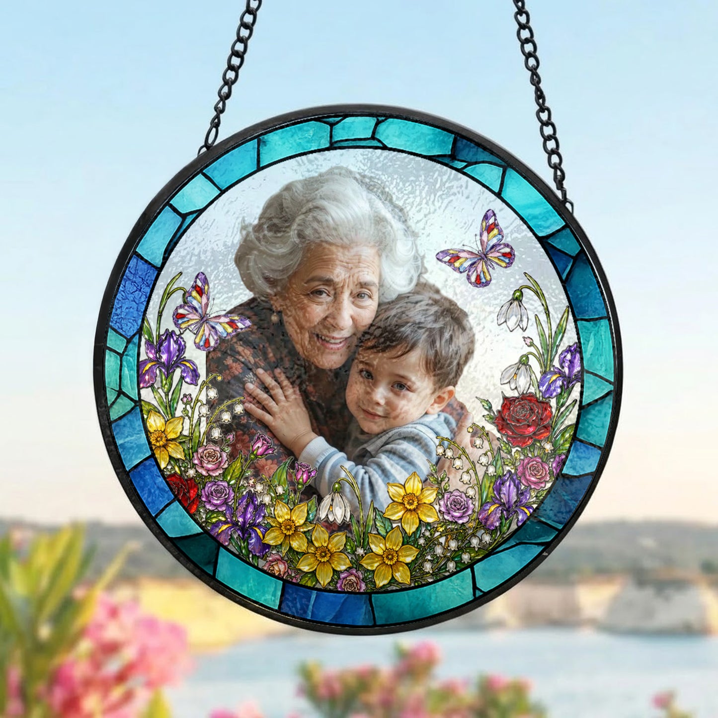 Custom Grandma Photo Stained Glass Suncatcher – Personalized Portrait Window Hanging (THUC99)